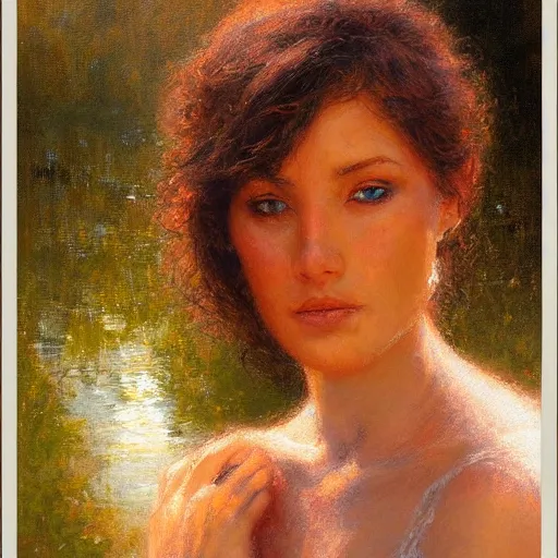 Image similar to elegant woman by the river, sunset, detailed face, correct face, painting by Gaston Bussiere, Craig Mullins