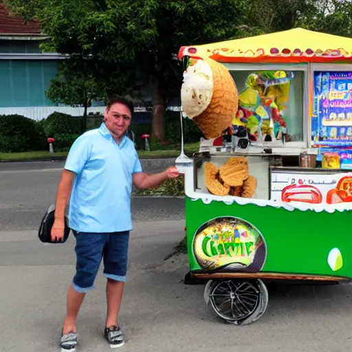 Image similar to crocodile man driving an ice cream cart