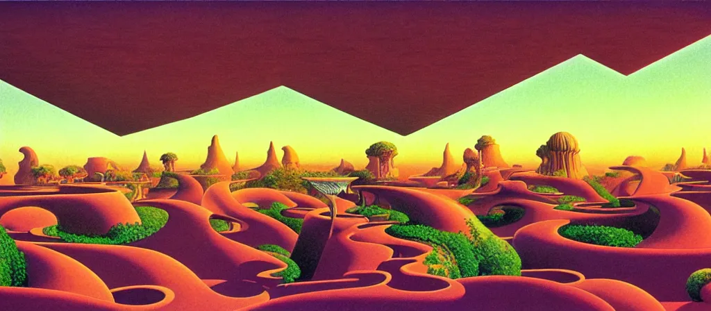 Prompt: huge gargantuan angular dimension of infinite poolrooms, buildings by escher and ricardo bofill. utopian landscape by roger dean. magical realism, surrealism, dry arid desert, clouds, mallsoft, vaporwave, trending on artstation, shot from below, epic scale