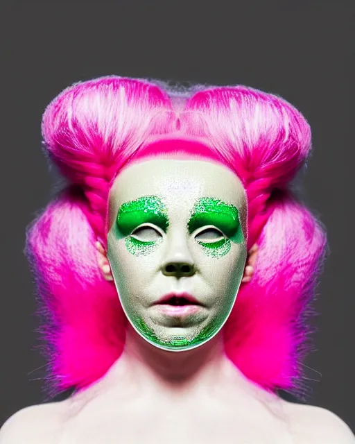 Prompt: symmetrical close - up portrait of a woman wearing a emerald green silicone beauty mask and pink hair buns, wearing a black bodysuit by alexander mcqueen, cream white background, biotechnology, bjork aesthetic, translucent, by rineke dijkstra, masterpiece,