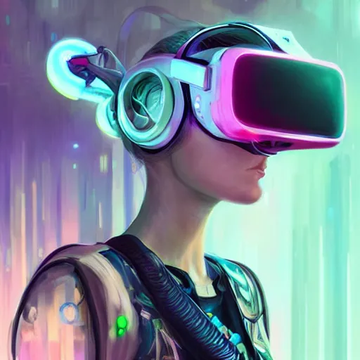 Image similar to portrait of a beautiful cybernetic raver girl wearing a oculus rift headset in a futuristic japanese penthouse, cyberpunk concept art by pete mohrbacher and artgerm and wlop and greg rutkowski, digital art, highly detailed, intricate, sci-fi, neon colors, sharp focus, Trending on Artstation HQ, deviantart, unreal engine 5, 4K UHD image