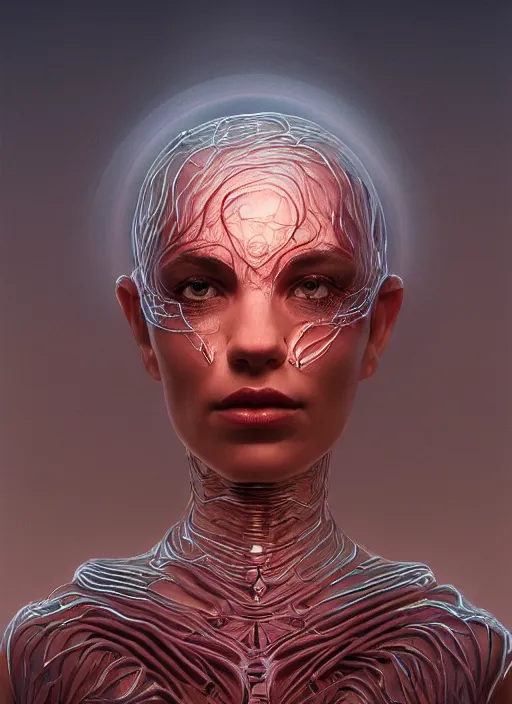 Image similar to biblical female android, pattern of ivy on skin, glowing veins, in clouds, sunset, portrait by wayne barlowe, studio lighting, muted colors, by frank frazetta, extreme detail, reflections, trending on artstation, 8 k