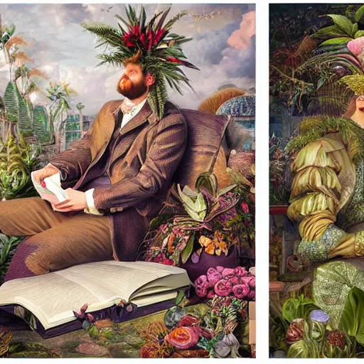 Prompt: HD 8x hyperdetailed illustrated collage portrait of a man with a maximalist hyperrealistic huge hat made of plants, reading a book. flamish baroque solarpunk elements. matte background in pastel tones.