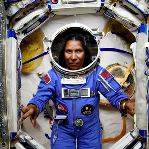 Image similar to An indigenous person in the international space station, artistic