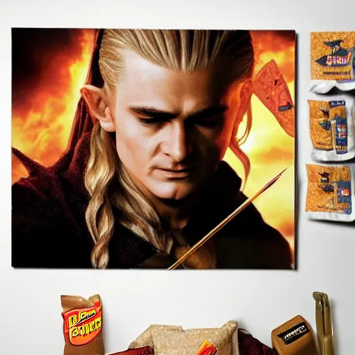 Prompt: Legolas crying in his bedroom over a bag of Doritos, highly detailed,