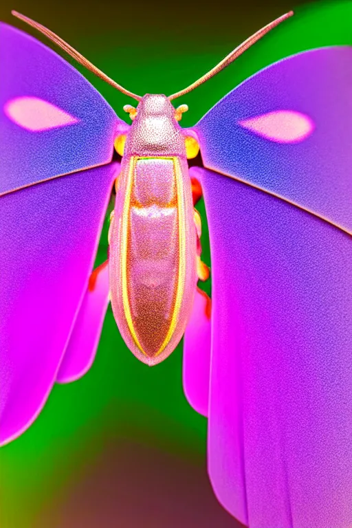 Prompt: high quality close-up photo pearlescent translucent moth! jeweled gorgeous! highly detailed david ligare elson peter cinematic purple neon lighting high quality low angle hd 8k sharp shallow depth of field