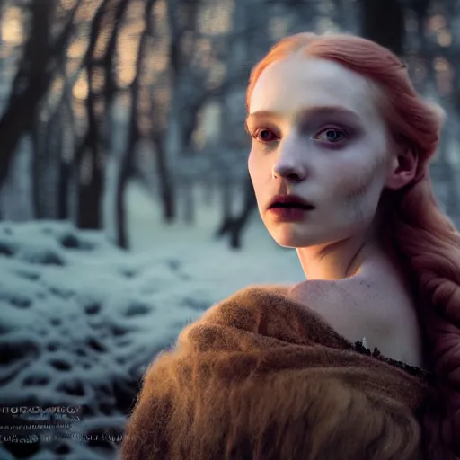 Image similar to photographic portrait of a stunningly beautiful english renaissance female in soft dreamy light at sunset, frozen forest, soft focus, gothic, contemporary fashion shoot, in a denis villeneuve and tim burton movie, by edward robert hughes, annie leibovitz and steve mccurry, david lazar, jimmy nelsson, extremely detailed, breathtaking, hyperrealistic, perfect face, octane render