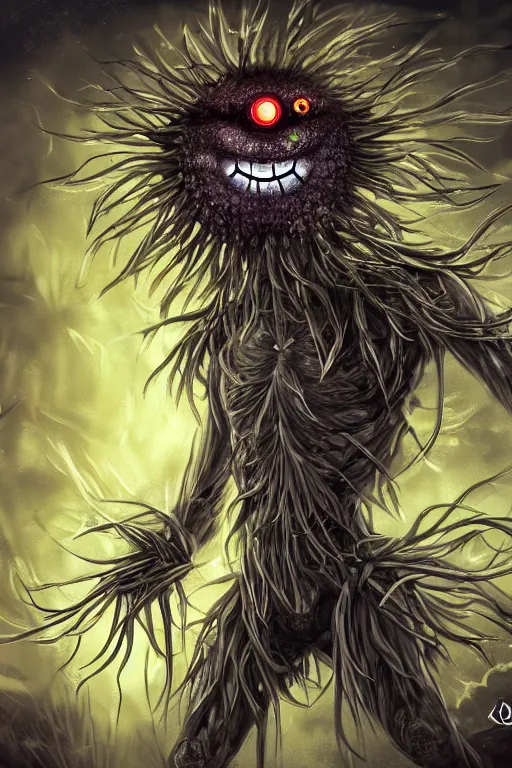 Image similar to a humanoid figure dandelion monster with large glowing eyes, highly detailed, digital art, sharp focus, trending on art station, artichoke, anime art style