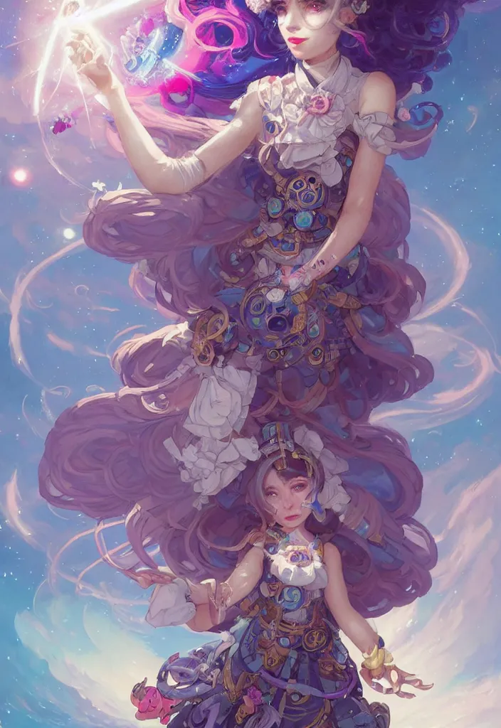 Image similar to full body picture of an maximalist dress magical girl, neat hair with bangs, smug face, extremely beautiful and aesthetic and detailed cute face and eyes, wipe out evils with cute astronaut familiar sprites, aming the magical beams to the camera, chiaroscuro, intricate, masterpiece, epic fantasy illustrations by peter mohrbacher and anato finnstark and jeremy lipking