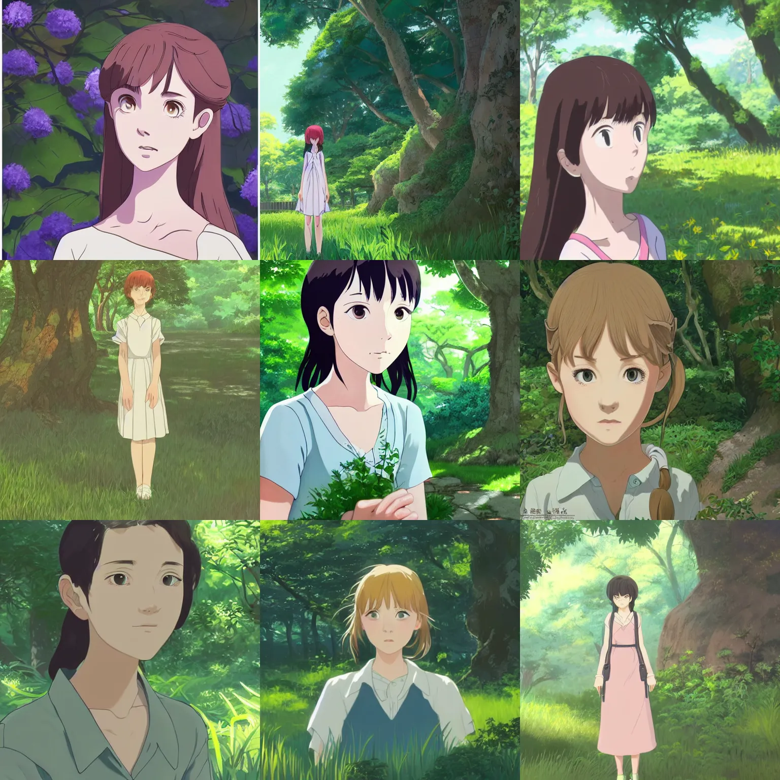 Prompt: Character portrait of a young woman in a lush park, simplified facial features, large eyes, highly detailed, cel shading, Studio Ghibli still, by Makoto Shinkai and Akihiko Yoshida
