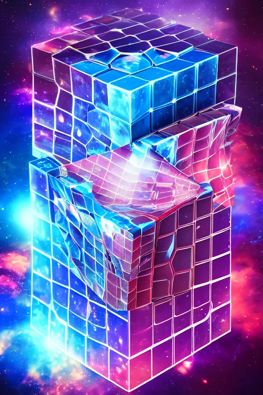 Image similar to four dimensional parallel universe cosmic rubik's cube hypercube tesseract with wormholes, energy, galaxies and cubes around it. epic, dramatic, cinematic, digital art, octane render, blender, 8 k, hyperrealistic, trending on artstation