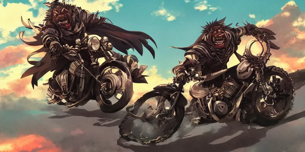 Prompt: high quality anime movie still, motorcycle, stylized action shot of an orc popping a wheelie on a motorcycle, menacing orc, clear focused details, soft airbrushed artwork, black background, apocalyptic, studio ghibli, miyazaki, anime style