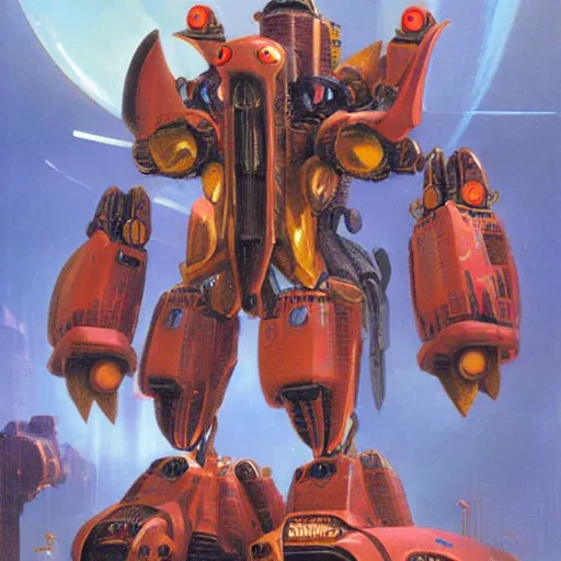 Image similar to a large anthropomorphic beetle shaped mecha by paul lehr and moebius