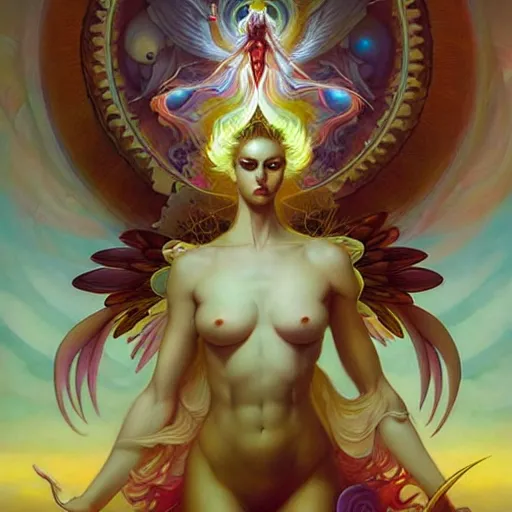 Prompt: psychedelic angelic celestial being artwork of peter mohrbacher, frank xavier leyendecker, energy body, sacred geometry, esoteric art, divinity detailed, saturated colors,