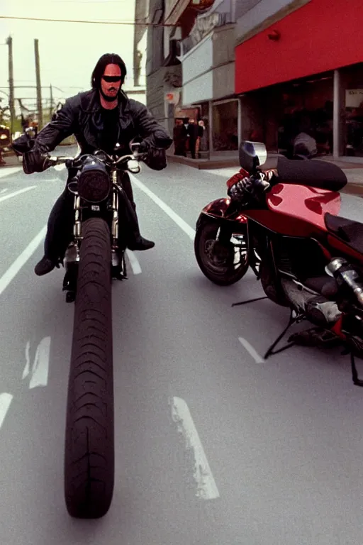 Prompt: beautiful hyperrealism three point perspective film still of Keanu Reeves as neo in bullet in a nice oceanfront promenade motorcycle chase scene in Matrix meets ronin(1990) extreme closeup portrait in style of 1990s frontiers in translucent porcelain miniature street photography fashion edition, focus on face, tilt shift style scene background, soft lighting, Kodak Portra 400, cinematic style, telephoto by Emmanuel Lubezki