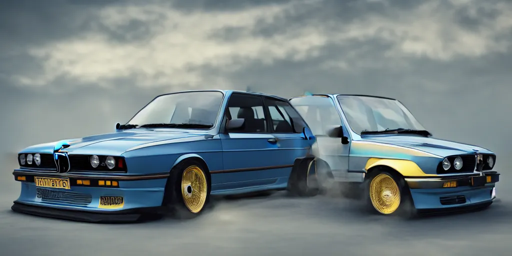 Prompt: a design of a bmw e30, designed by Polestar, blade runner background, iridescent blue car paint, wrapped in gold lead, black windows, dramatic lighting, hyper realistic render, depth of field, 8k, rendered in octane