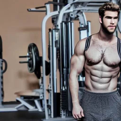 Image similar to a realistic detailed photo of a guy who is an attractive humanoid who is half robot and half humanoid, who is a male android, actor liam hemsworth, shiny skin, posing like a statue, blank stare, at the gym, on display, showing off his muscles