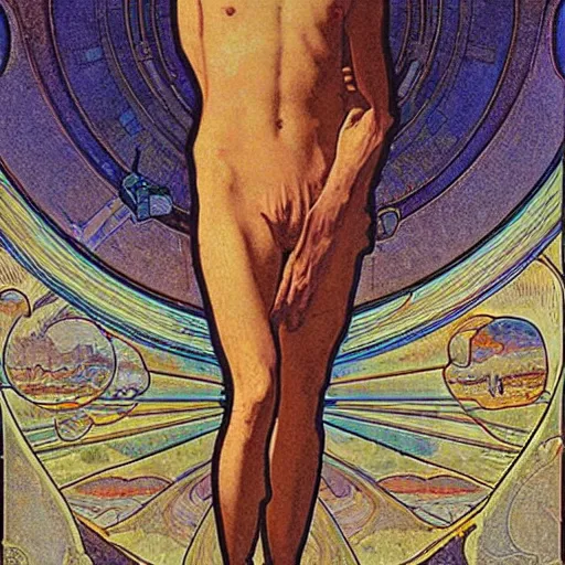 Image similar to thomas newton, the man who fell to earth, mucha style,