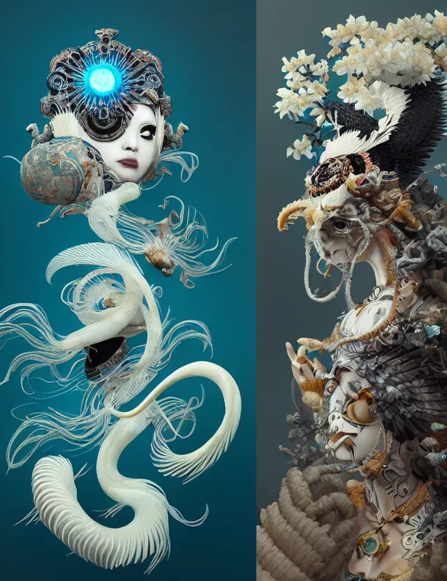 Image similar to 3 d goddess half - turn portrait with ram skull. beautiful intricately detailed japanese crow kitsune mask and clasical japanese kimono. betta fish, jellyfish phoenix, bio luminescent, plasma, ice, water, wind, creature, artwork by tooth wu and wlop and beeple and greg rutkowski