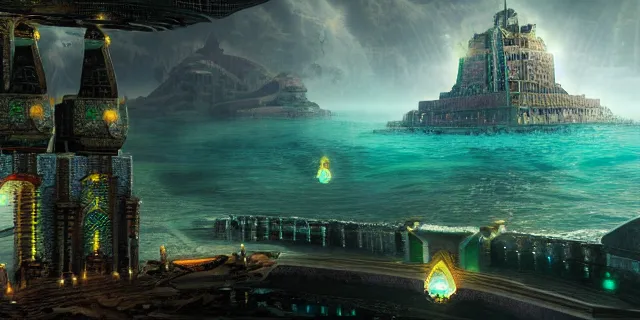 Image similar to emerald tablet, epic large underwater city, highly detailed, photorealistic, octane render, beautiful, glorious, matte painting