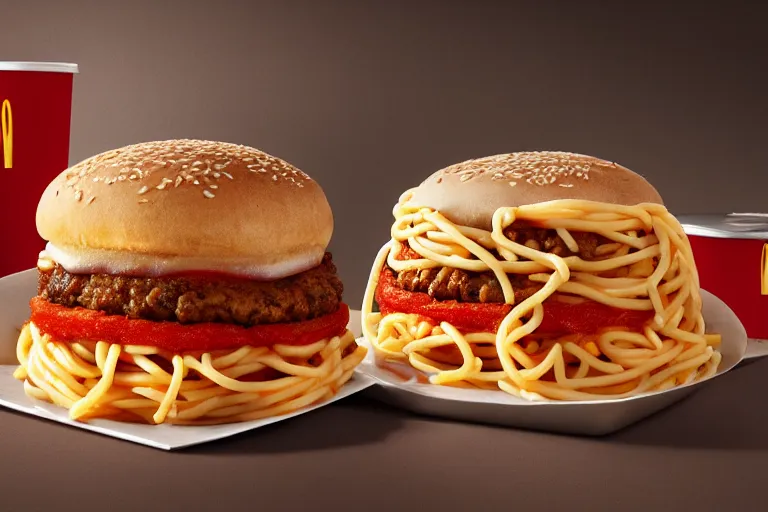 Image similar to mcdonalds spaghetti burger, commercial photography