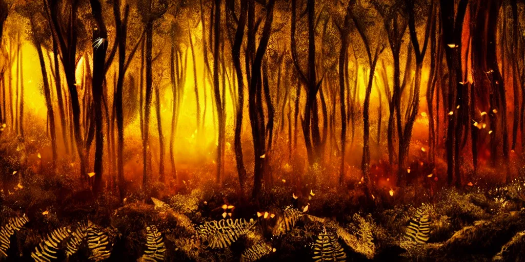 Prompt: forest dwellers & fireflies, by sapna reddy, ansel adams during golden hour, cinematic forest lighting, hyperdetailed crystalline masterpiece incrustations, volumetric, diffuse, real life landscape, aperture f. 1 1