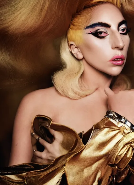 Image similar to lady gaga styled by nick knight posing , high fashion themed, archive pieces, vogue magazine, Highly realistic. High resolution. Highly detailed. Dramatic. 8k.4k.