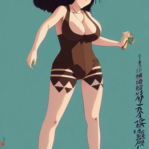 Image similar to a beautiful plus sized model japanese natalie portman, alluring plus sized model with brown skin, wearing mayan leotard with overalls, street fashion hip hop style with mayan patterns, aztec street fashion, gapmoe yandere grimdark, trending on pixiv fanbox, painted by greg rutkowski makoto shinkai takashi takeuchi studio ghibli, akihiko yoshida