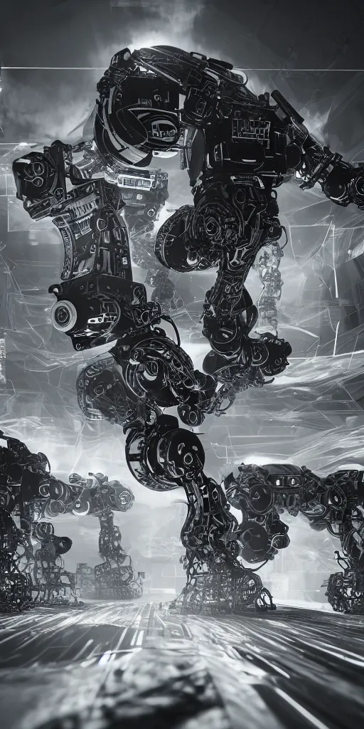 Image similar to the flow of time. complex shapes, highly detailed. octane render. robots are taking over. monochrome. ash thorp style. cinematic.