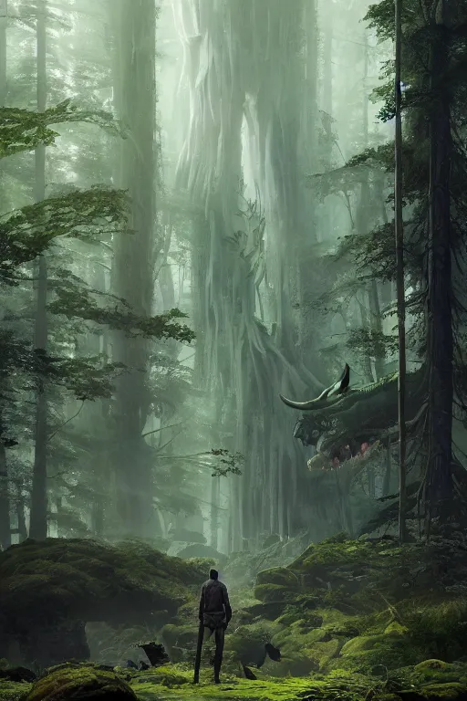 Prompt: A small character standing before a giant creature in a beautiful forest by Greg Rutkowski, Sung Choi, Mitchell Mohrhauser, Maciej Kuciara, Johnson Ting, Maxim Verehin, Peter Konig, final fantasy , 8k photorealistic, cinematic lighting, HD, high details, atmospheric,