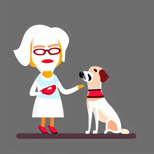 Image similar to a flat design illustration of a grandma with a dog. the grandma using a smart phone. the illustration using only solid colors, the colors are red, gray and white.