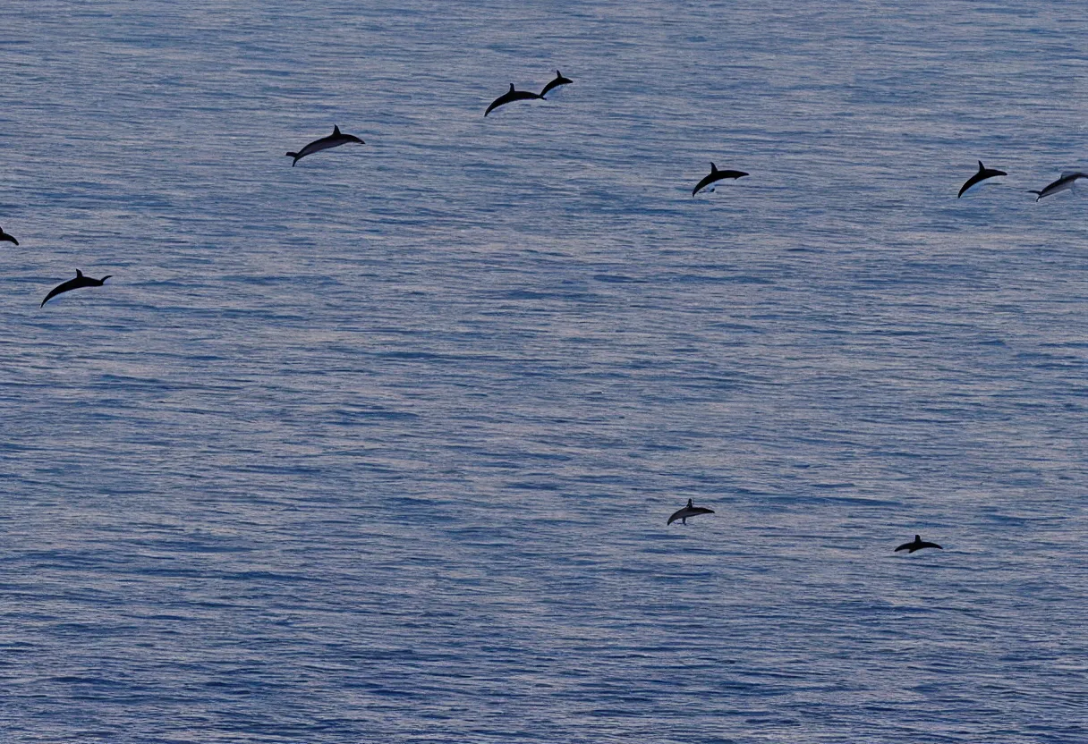 Prompt: dolphins flying through the sky in the gobi desert, stunning photograph