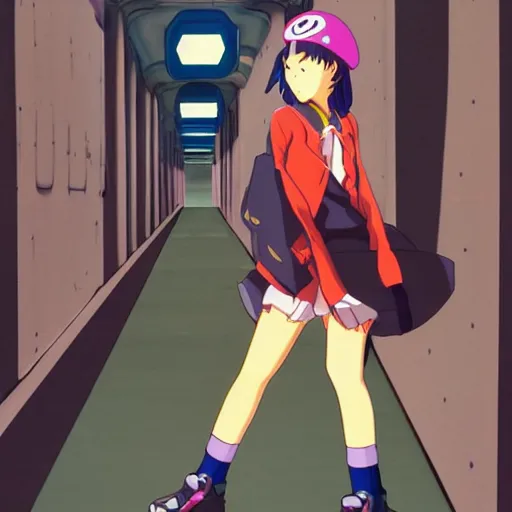 Prompt: anime girl with very large beret, cel - shading, 2 0 0 1 anime, flcl, jet set radio future, golden hour, underground facility, underground tunnel, pipes, rollerbladers, rollerskaters, cel - shaded, jsrf, strong shadows, vivid hues, y 2 k aesthetic