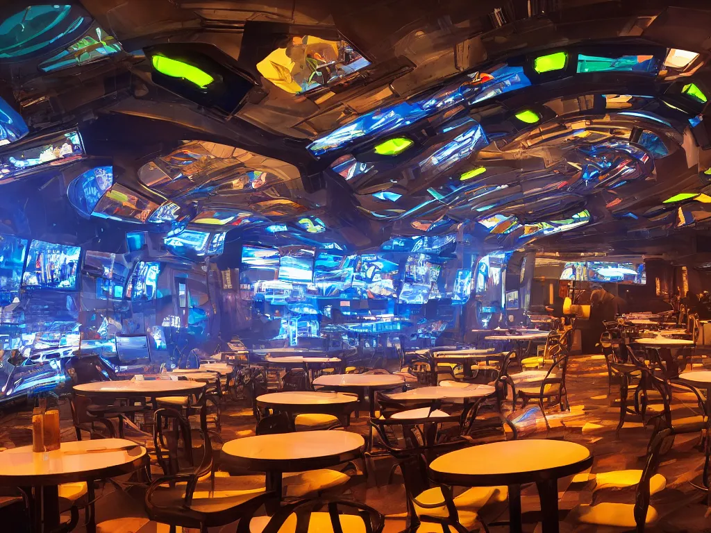 Image similar to visors with curved translucent screens playing detailed sci - fi art ( 2 0 4 2 ), pixel perfect photograph, high contrast, volumetric lighting, thin glowing lights, restaurant, chairs, users, pair of keys