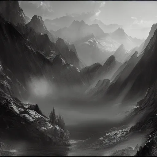 Prompt: black and white matte painting by Sam Weber