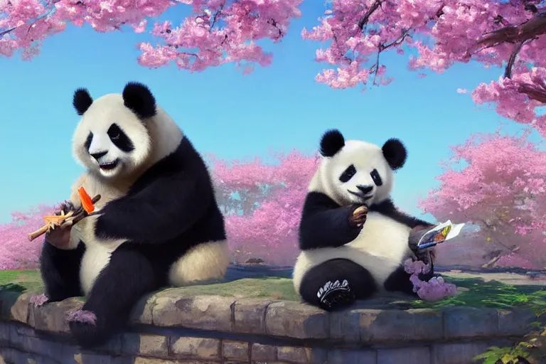 Image similar to panda chilling smoking weed, sakura trees, sakura season dynamic lighting, landscape, artwork by jeremy lipkin and giuseppe dangelico pino and michael garmash and rob rey and greg manchess and huang guangjian and makoto shinkai, pixiv, 1 0 0 mm