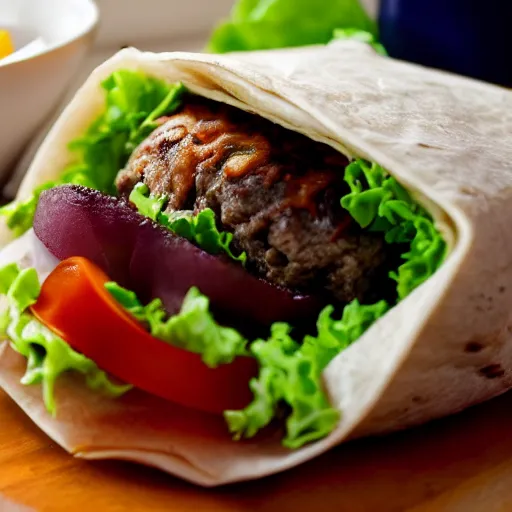 Prompt: a burger in a shape of a burrito