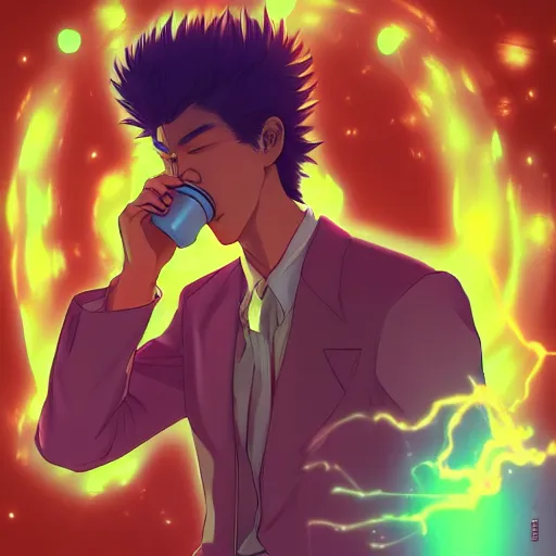 Image similar to A man drinking a cup of cosmic energy bright light by Masafumi Harada, 4k, digital art, surreal, anime style, space dandy style, highly detailed, godsend, artstation