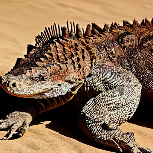 Image similar to a Komodo-Dragon with the armor of a pangolin, national geographic photograph