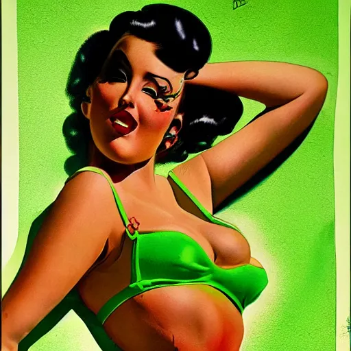 Image similar to portrait of pin up girl in a neon green bikini, visible aura of madness distorting the surroundings, occult details, high quality, 8 k by art frahm