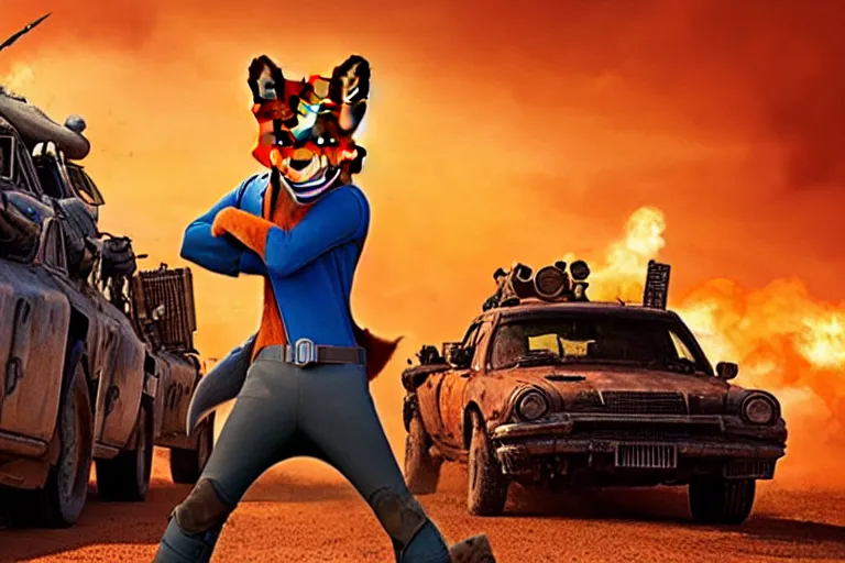 Image similar to nick wilde, heavily armed and armored facing down armageddon in a dark and gritty reboot from the makers of mad max : fury road