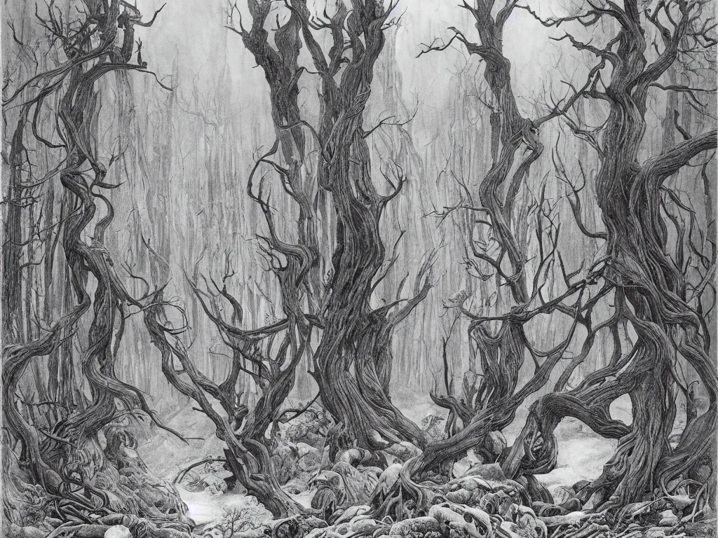 Image similar to ancient forest, artstation, by aubrey beardsley, by caspar david friedrich, by laurie lipton, by kay nielsen, by ivan shishkin, calligraphy, divine, spiritual, paradox, mysterious!, atmospheric, surreal, terrifying, witchcraft!, hope, mountains! background