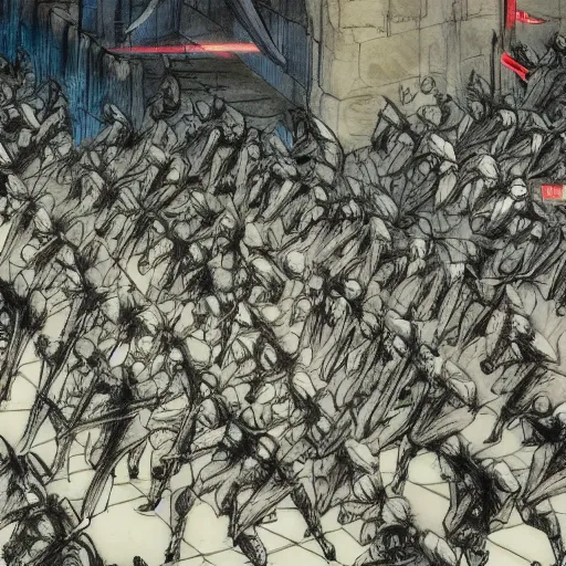 Image similar to one hero with sword looking at army of swordsmen in the background, in the middle of an arena, crowd of people, pencil art, straight, clear, added detail, high definiton, colored, aerial view, by yoji shinkawa