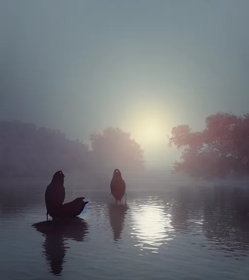 Image similar to three crows in a little boat in a swamp, volumetric lighting, fog, majestic light, octane render, ethereal glare of the sun, hyperrealistic, epic, masterpiece, by makoto shinkai