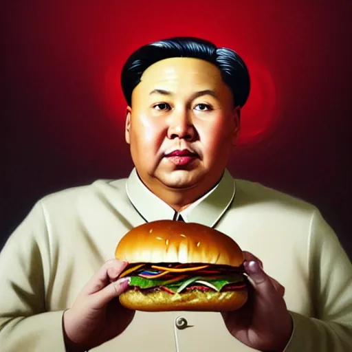 Image similar to portrait of Chairman Mao eating a giant hamburger , extra onions and ketchup, luscious patty with sesame seeds, feminine ethereal, handsome, D&D, fantasy, intricate, elegant, highly detailed, digital painting, artstation, concept art, matte, sharp focus, illustration, art by Artgerm and Greg Rutkowski and Alphonse Mucha