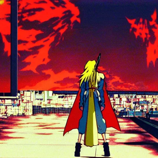Prompt: still frame of Sephiroth in 1988 anime film Akira by Katsuhiro Otomo, screenshot, color, film print