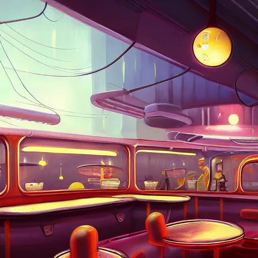 Image similar to beautiful painting of a dirty space diner in the style of Simon Stålenhag and H. R. Giger, detailed, trending on Artstation