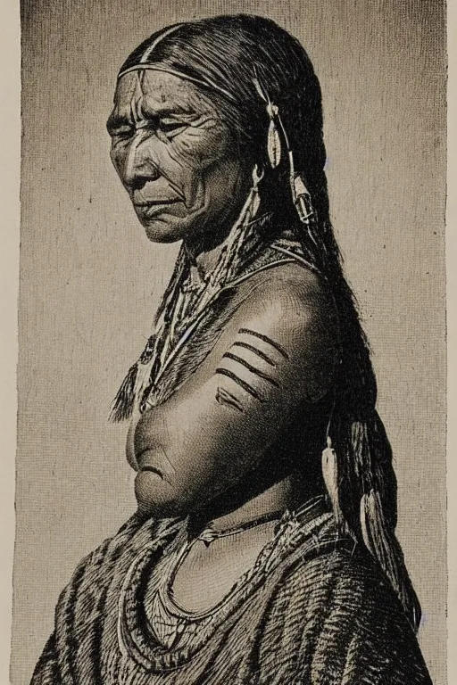 Prompt: “19th century wood engraving of a Native American indian woman, portrait, Nanye-hi Beloved Woman of the Cherokee, wearing a papoose showing pain and sadness on her face, ancient”