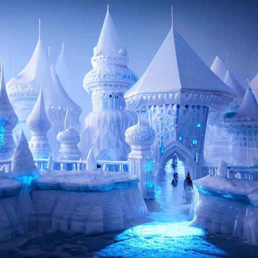 Prompt: in a magical ethereal ice kingdom city with people walking around, highly detailed, 4k, HDR, award-winning, octane render, trending on artstation, volumetric lighting