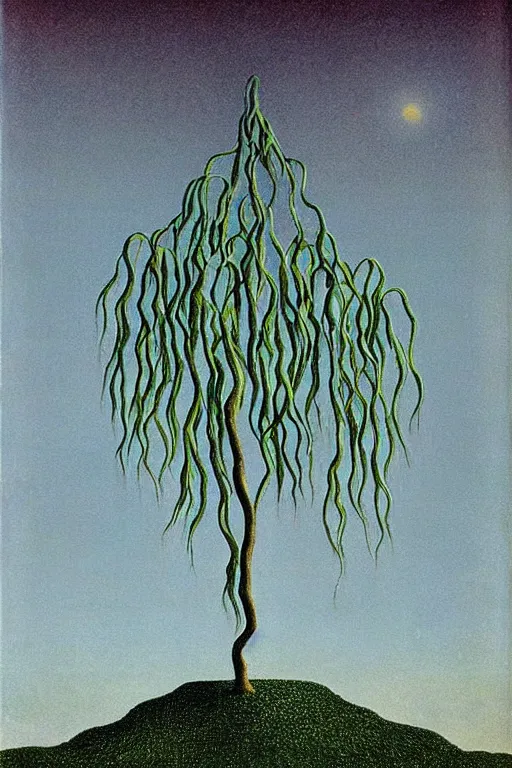 Prompt: weeping willow with an entrance to the entire cosmos by rene magritte and salvadore dali